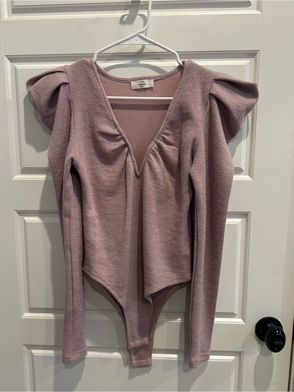 ENTRO ribbed Bodysuit Puff Ruffle Shoulders Romantic Statememt Blouse